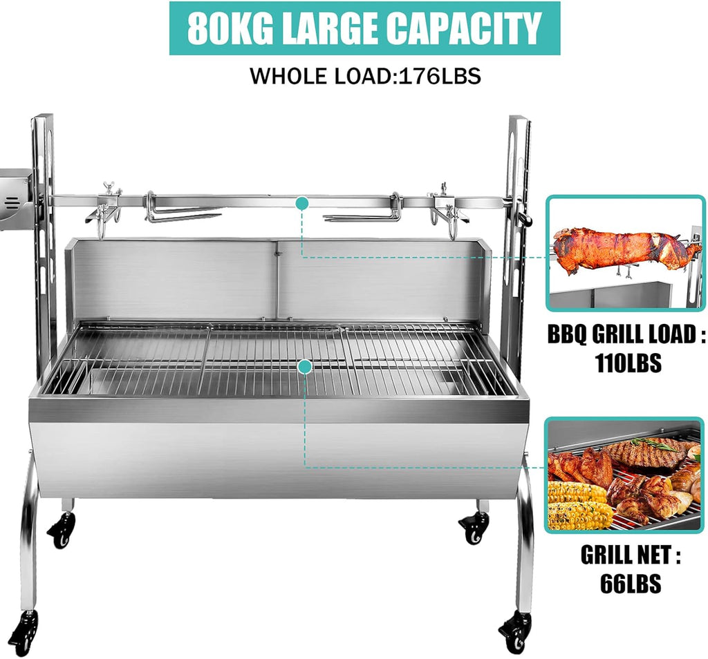176LBS Stainless Steel Rotisserie Grill Roaster Small Pig Lamb with Back Cover Guard 25W Motor for Camping Outdoor BBQ Silver