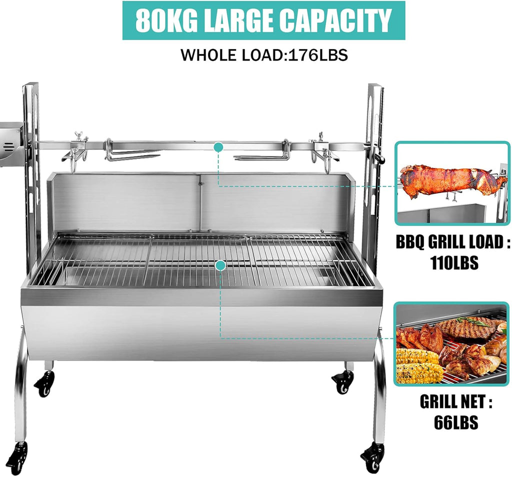 Rotisserie Grill Charcoal Spit Roaster, Stainless Steel 48.6' Pig Lamb Hooded Roaster Charcoal Spit With 25W Motor & Adjustable Height Lockable Casters For Party Barbecue,176 LBS With Baffle