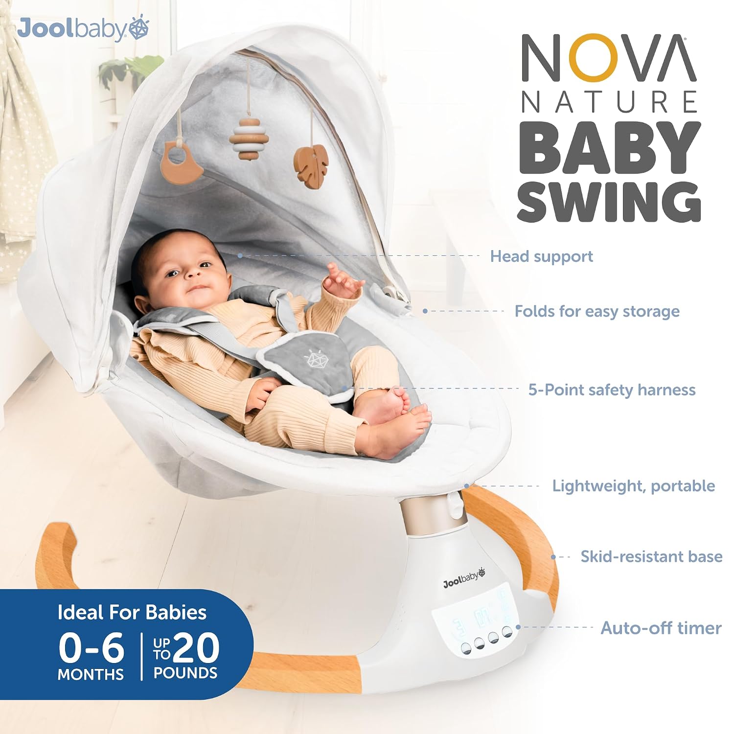 Jool Baby Nova Nature Baby Swing for Newborns with Natural Wood Toys, Electric Motorized Infant Swing, Bluetooth Music, Remote (Gray)
