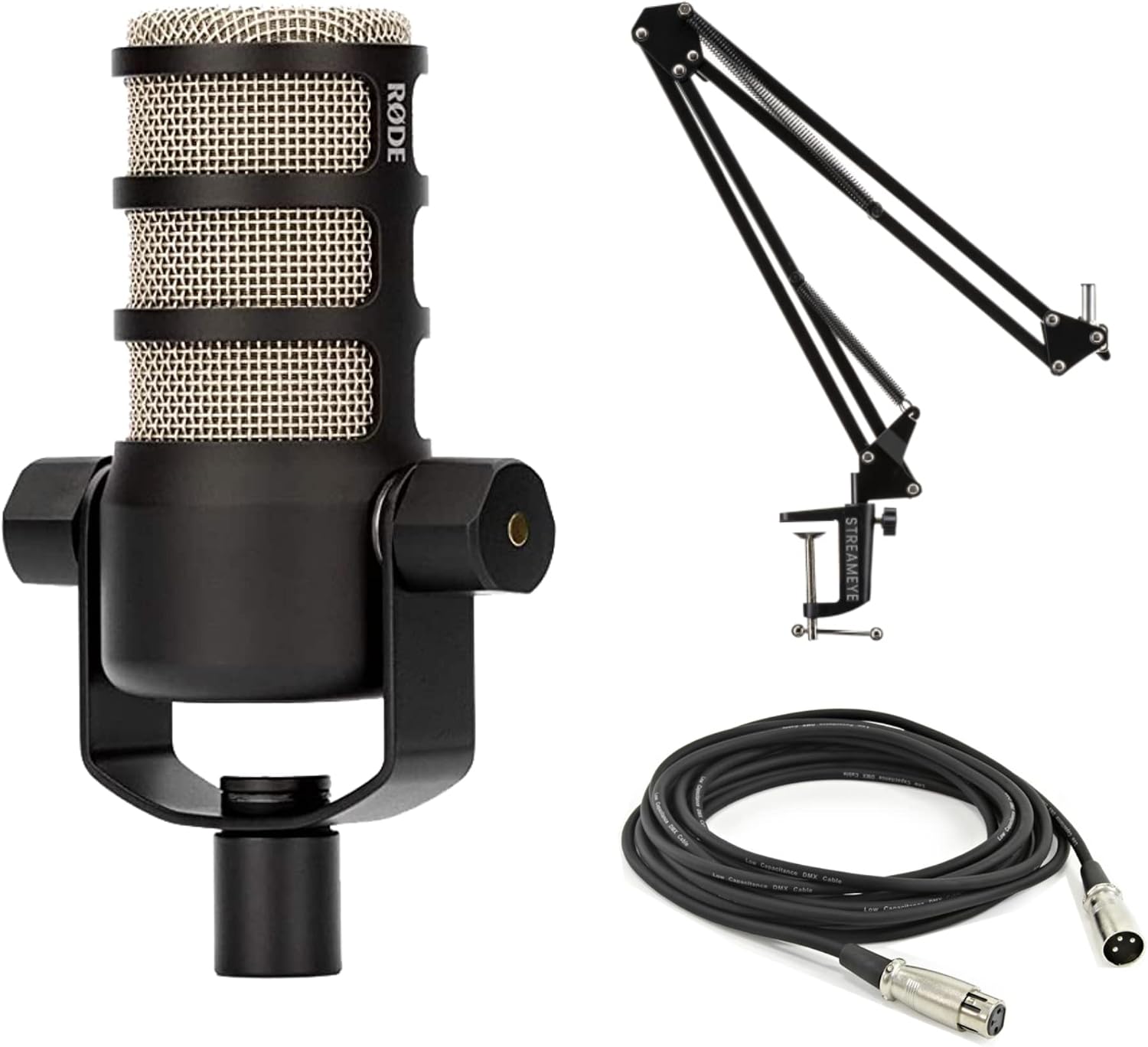 Rode PodMic Dynamic Podcast Microphone with StreamEye BOOMARM Mic Arm, XLR Cable and StreamEye Polishing Cloth