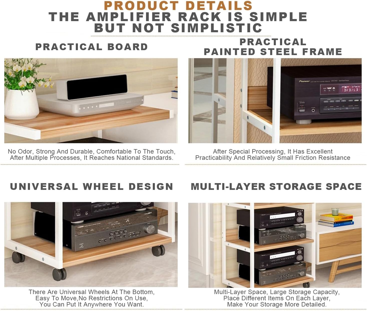 Wooden Display Cabinet with Wheels, Media Stand & Audio Rack, Corner Shelf with Storage Shelves for Game Consoles & TV Accessories, Stereo Rack Tower for Recording Room.