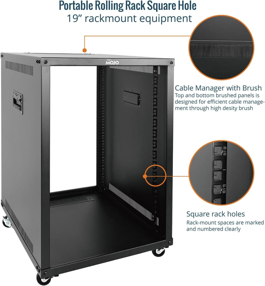 Tecmojo 15U Portable Rolling Network Rack, 4-Post Mobile Open Frame Server Rack with Wheels, Free Standing Server Cabinet for Computer/Data/AV/IT Equipment/Network Equipment