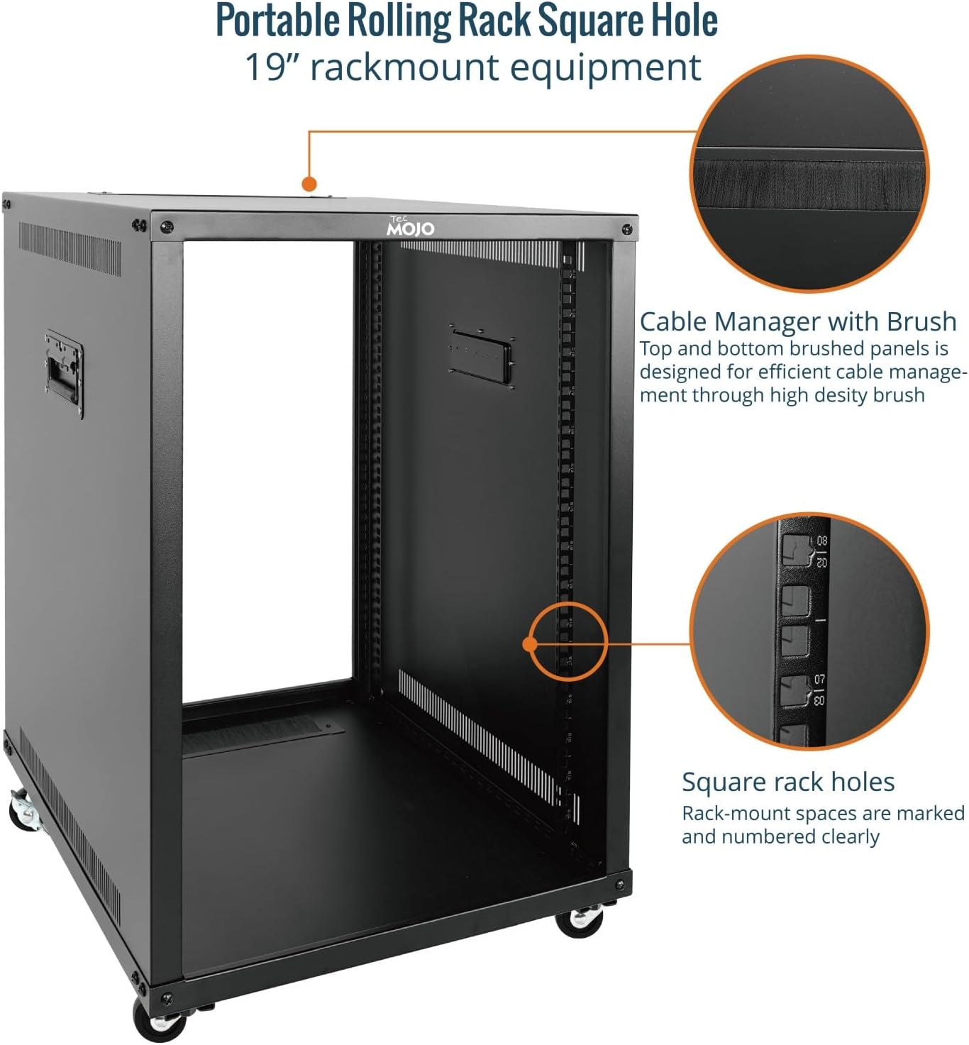 Tecmojo 15U Portable Rolling Network Rack, 4-Post Mobile Open Frame Server Rack with Wheels, Free Standing Server Cabinet for Computer/Data/AV/IT Equipment/Network Equipment