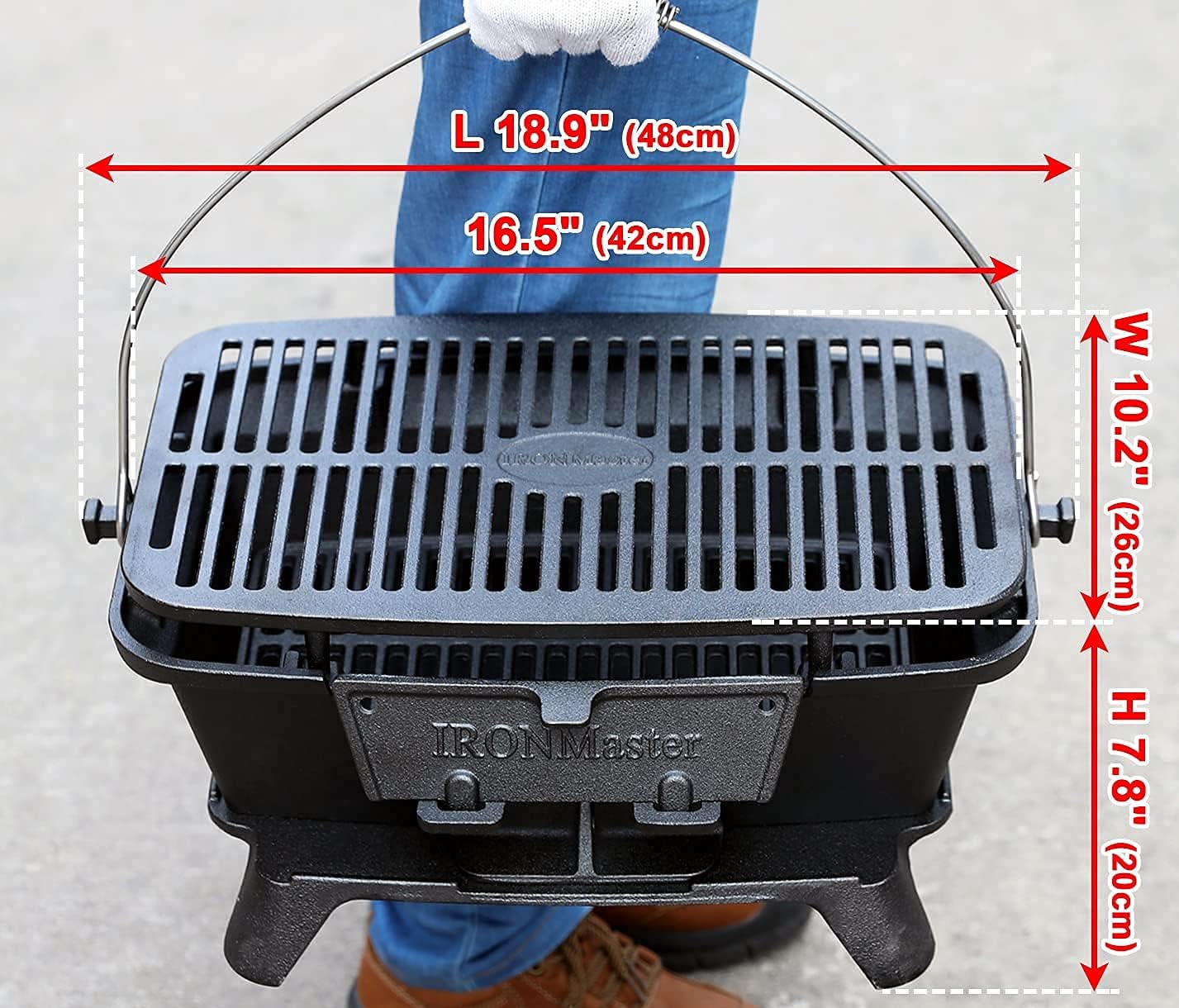 IronMaster Hibachi Grill Outdoor - Small Portable Charcoal Grill, 100% Cast Iron, Japanese Yakitori Tabletop Camping Grill - Cooking Grate Surface 17' x 10.5' for 5-8 People