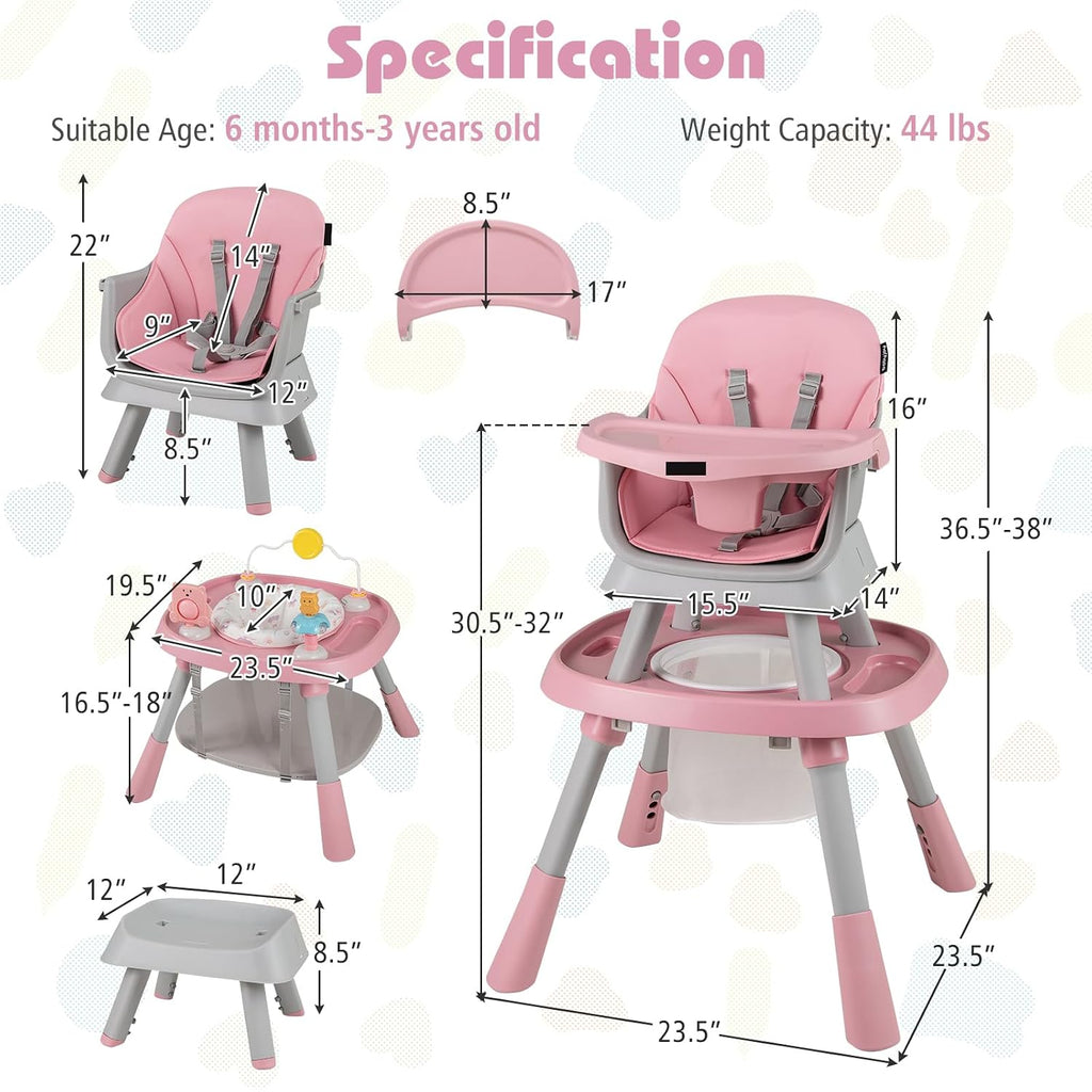 KOTEK 16 in 1 Convertible High Chair, Baby Highchair & Activity Center, Booster Seat, Building Block Table, Toddler Chair with 5-Point Harness, Removable Tray & Cushion (Pink)
