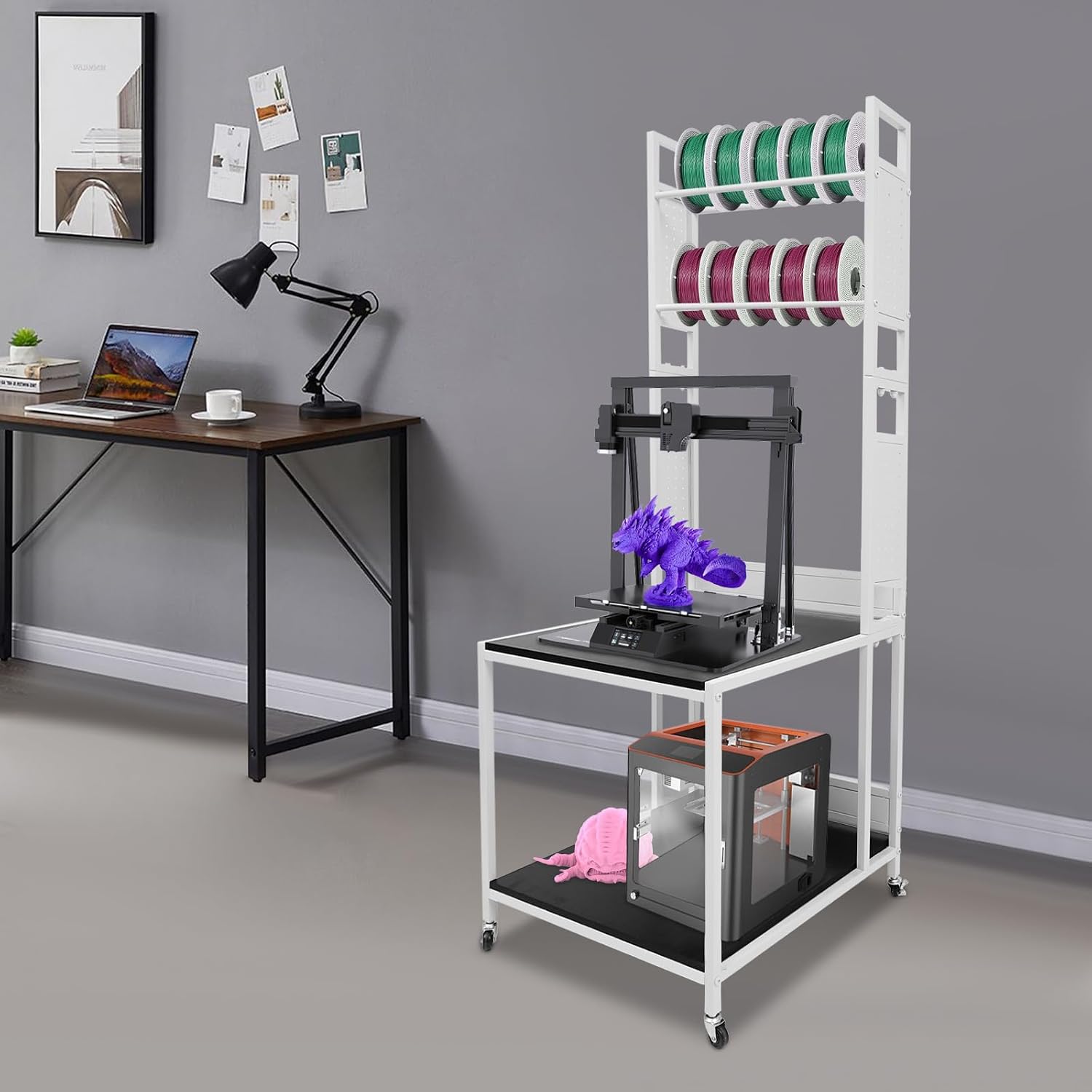 3D Printer Stand Rack with Filament Organizer, Upgraded 3D Printer Table Workbench with Wheels, Extended Storage Mobile 3D Printing Workstation for Studio Workshop