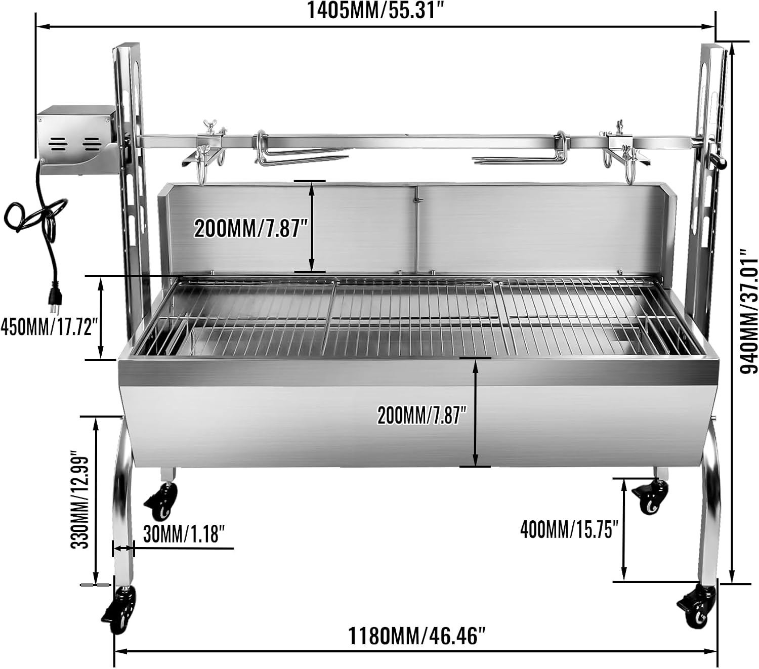 Stainless Steel Rotisserie Grill with Back Cover Guard, 25W Motor Small Pig Lamb Rotisserie Roaster, 48.7 Inch BBQ Charcoal Rotisserie Grill for Camping Outdoor Kitchen