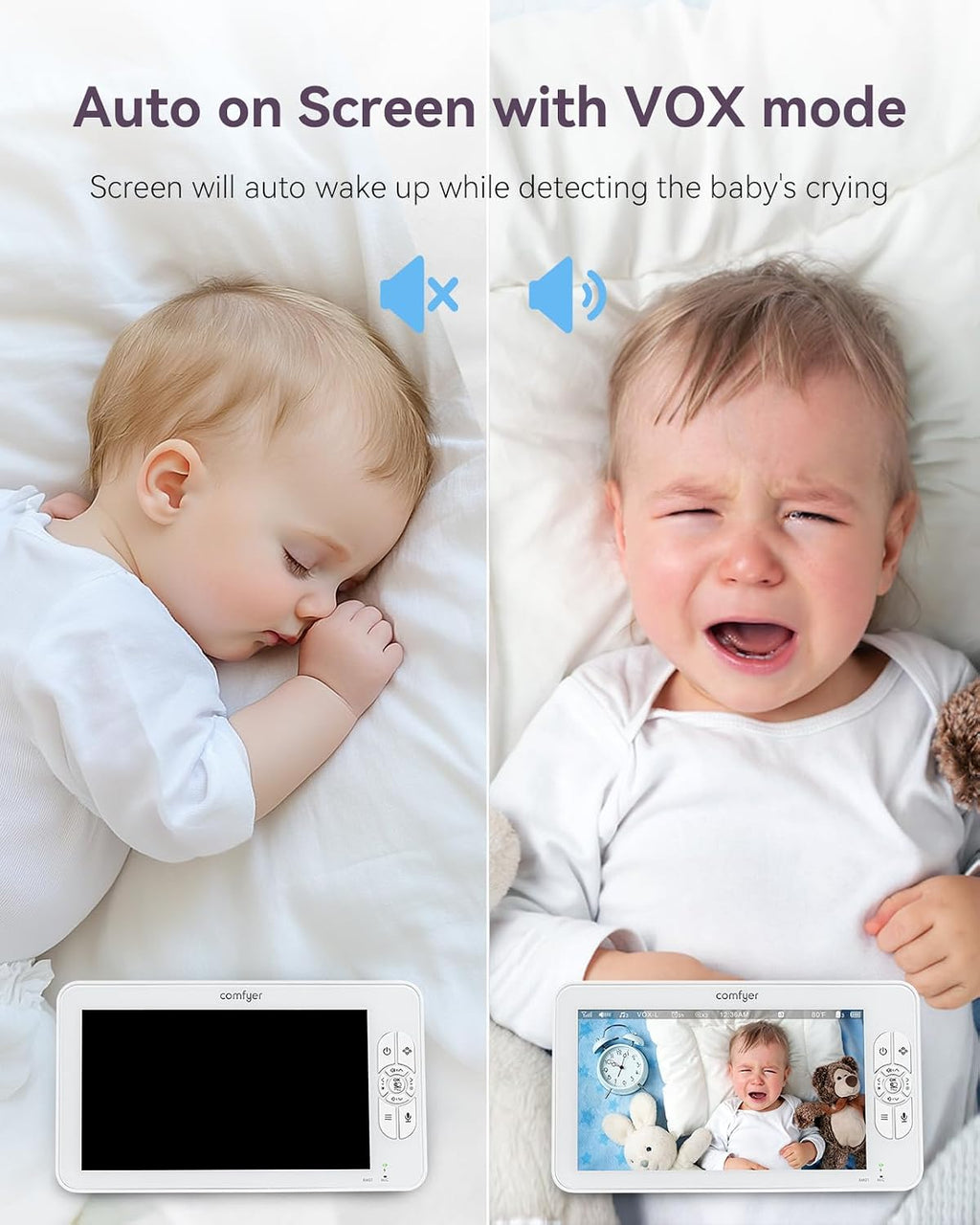 Comfyer BM01 7' HD Split-Screen Baby Monitor with 2 1080P Cameras, 48 Hrs 6000mAh Battery Runs 2 Days in VOX Mode, No WiFi Monitor with a Flexible Bracket, 2 Way Audio, Remote PTZ, Auto Night Vision