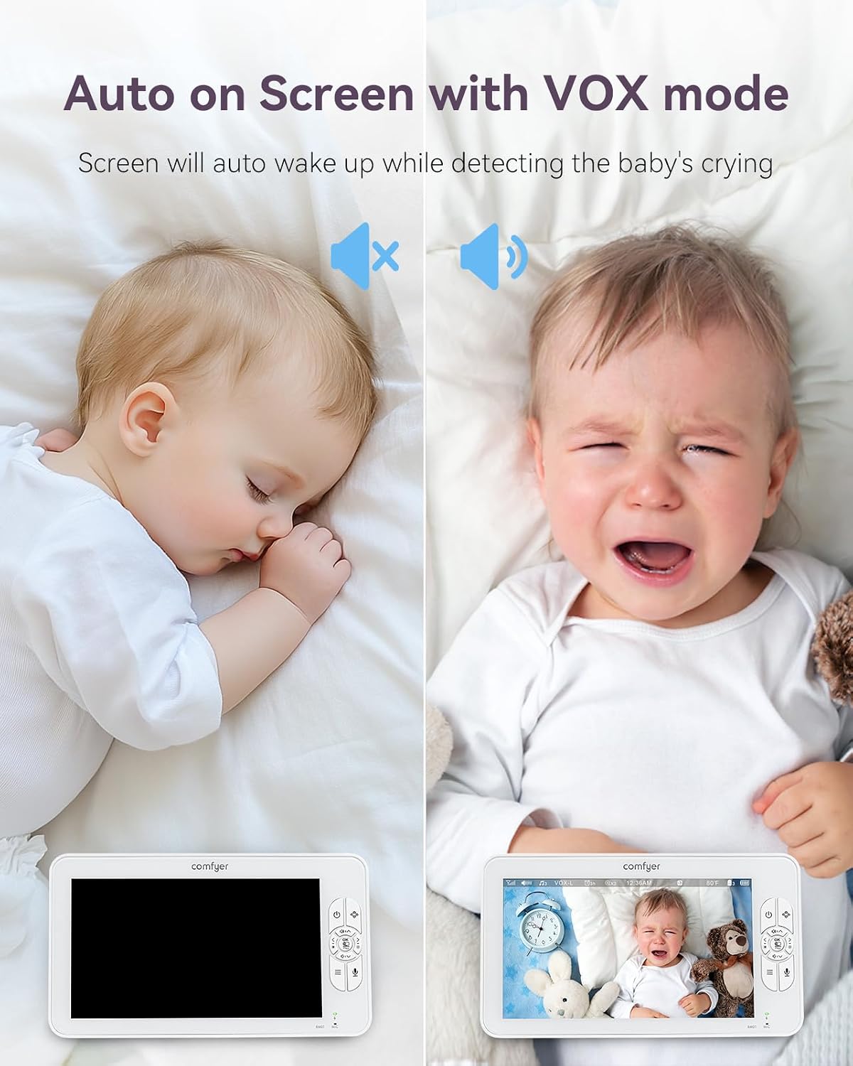 Comfyer BM01 7' HD Split-Screen Baby Monitor with 2 1080P Cameras, 48 Hrs 6000mAh Battery Runs 2 Days in VOX Mode, No WiFi Monitor with a Flexible Bracket, 2 Way Audio, Remote PTZ, Auto Night Vision