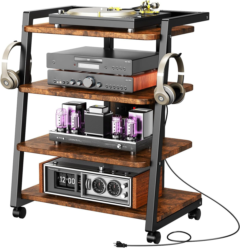 CABTE Mobile AV Media Stand with Outlets and 4 Rolling Caster Wheels, 4-Tier Rolling TV Stand for Gaming Console, Stereo, DVD Player, Sturdy Metal Frame, Versatile Living Room,Bedroom (Retro Brown)