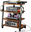 CABTE Mobile AV Media Stand with Outlets and 4 Rolling Caster Wheels, 4-Tier Rolling TV Stand for Gaming Console, Stereo, DVD Player, Sturdy Metal Frame, Versatile Living Room,Bedroom (Retro Brown)