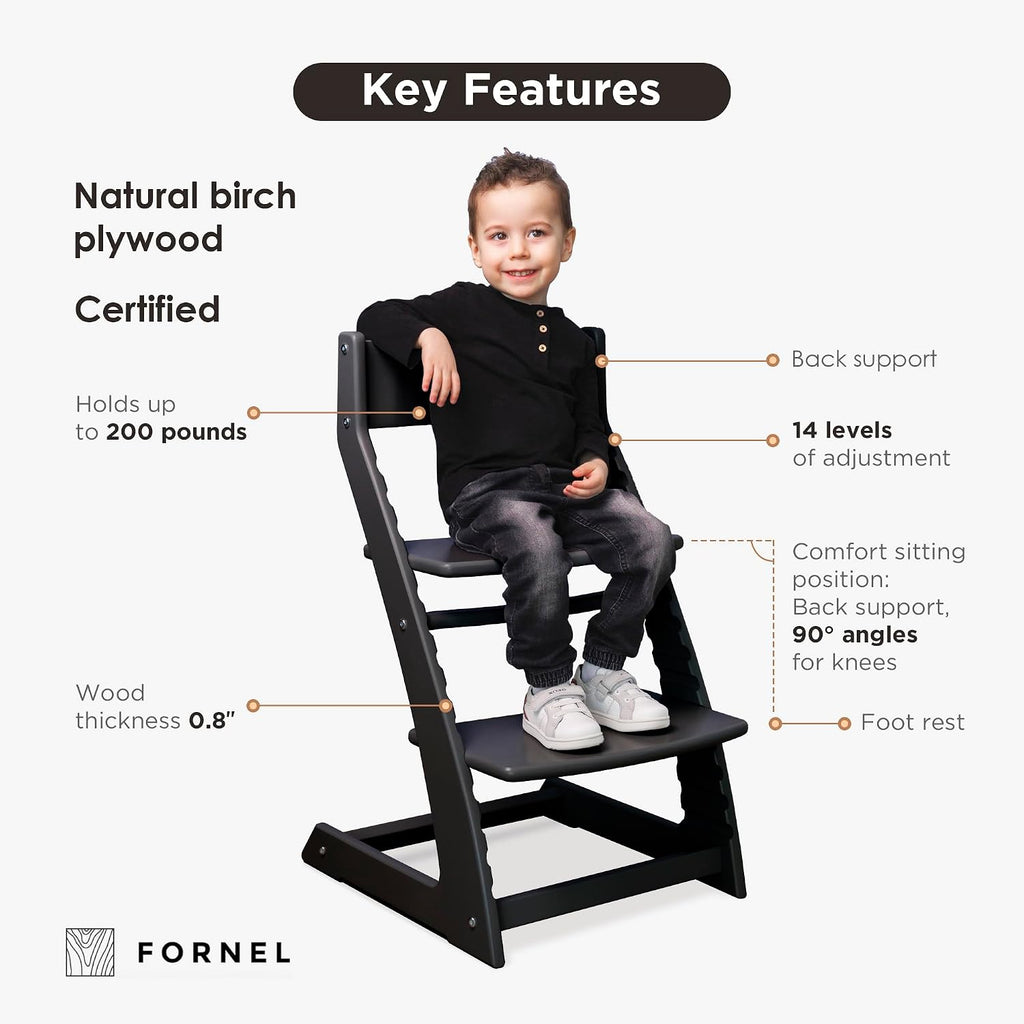FORNEL Modern Black Wooden High Chair | Adjustable Grow-with-Me Toddler Seat for Age 3 to 15 | Perfect for Minimalist & Industrial Kitchens