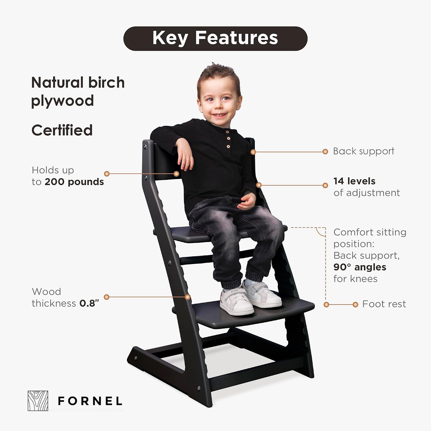FORNEL Modern Black Wooden High Chair | Adjustable Grow-with-Me Toddler Seat for Age 3 to 15 | Perfect for Minimalist & Industrial Kitchens