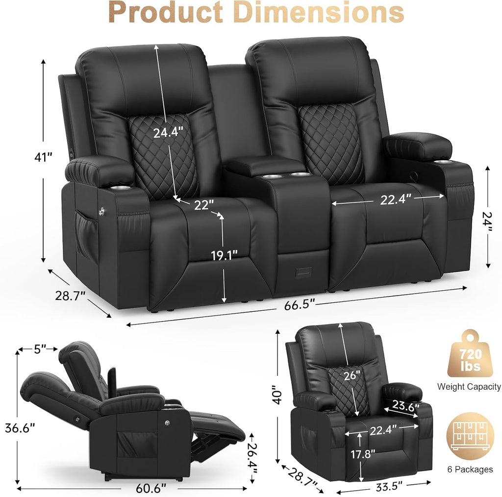 Recliner Sofa Set, Loveseat Recliner Couch and 2 PCS Recliner Chair with Heat & Massage, Home Theater Seating with Console, Drawer, USB Ports & Phone Holders, Reclining Loveseat for Theater