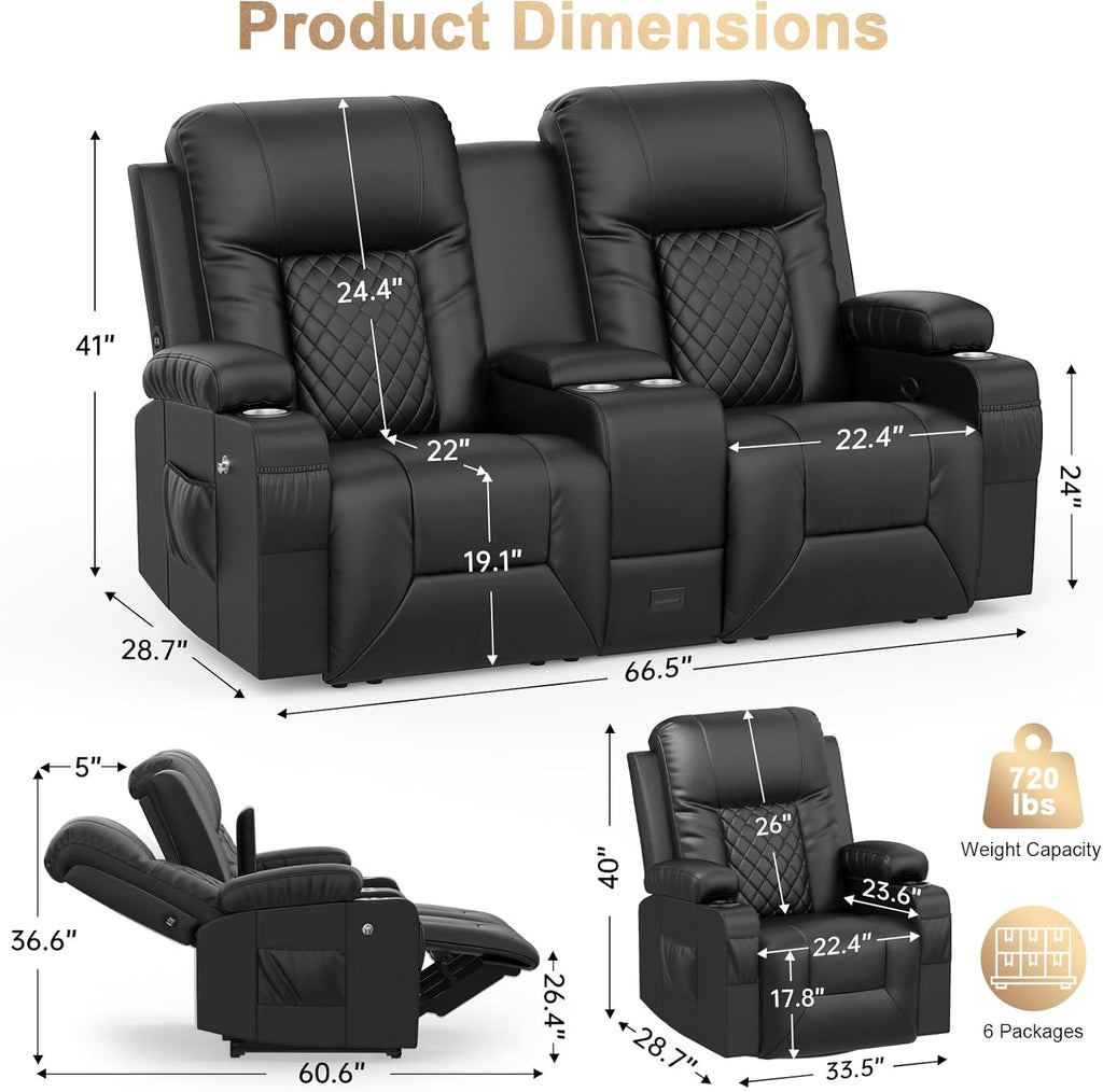 Recliner Sofa Set, Loveseat Recliner Couch and Recliner Chair with Heat & Massage, Home Theater Seating with Console, Drawer, USB Ports & Phone Holders, Reclining Loveseat for Movie Theater