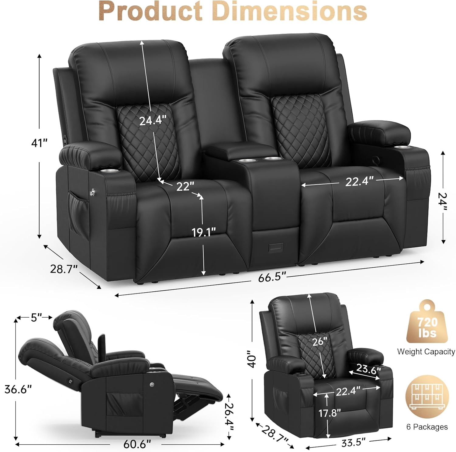 Recliner Sofa Set, Loveseat Recliner Couch and Recliner Chair with Heat & Massage, Home Theater Seating with Console, Drawer, USB Ports & Phone Holders, Reclining Loveseat for Movie Theater