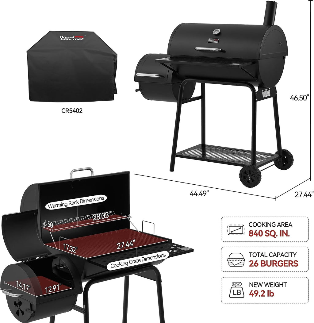 Royal Gourmet CC1830FC 28-Inch Barrel Charcoal Grill with Offset Smoker, 840 Sq. In. Cooking Area, Front Shelf, Charcoal Grill for Outdoor Grilling and Backyard Cooking, Black