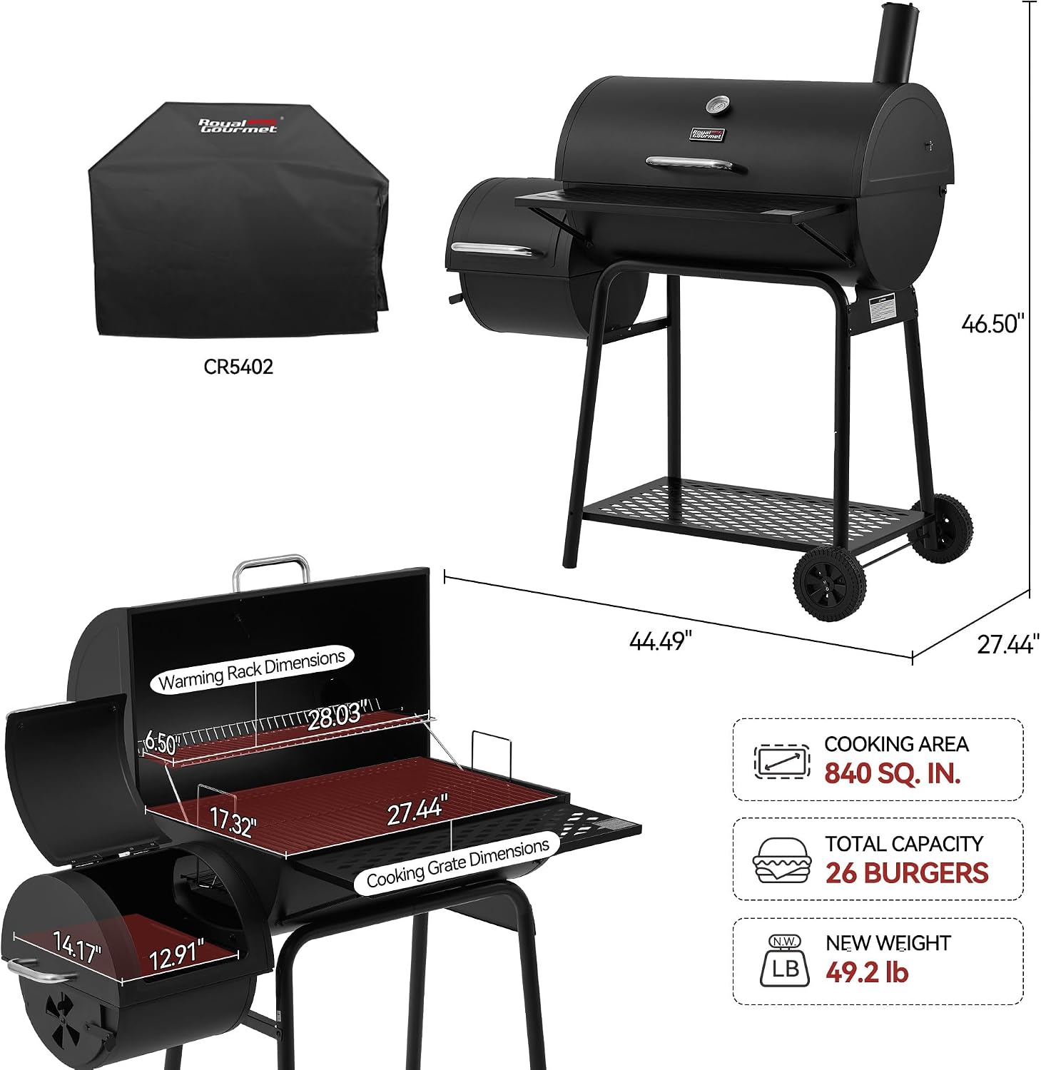 Royal Gourmet CC1830FC 28-Inch Barrel Charcoal Grill with Offset Smoker, 840 Sq. In. Cooking Area, Front Shelf, Charcoal Grill for Outdoor Grilling and Backyard Cooking, Black