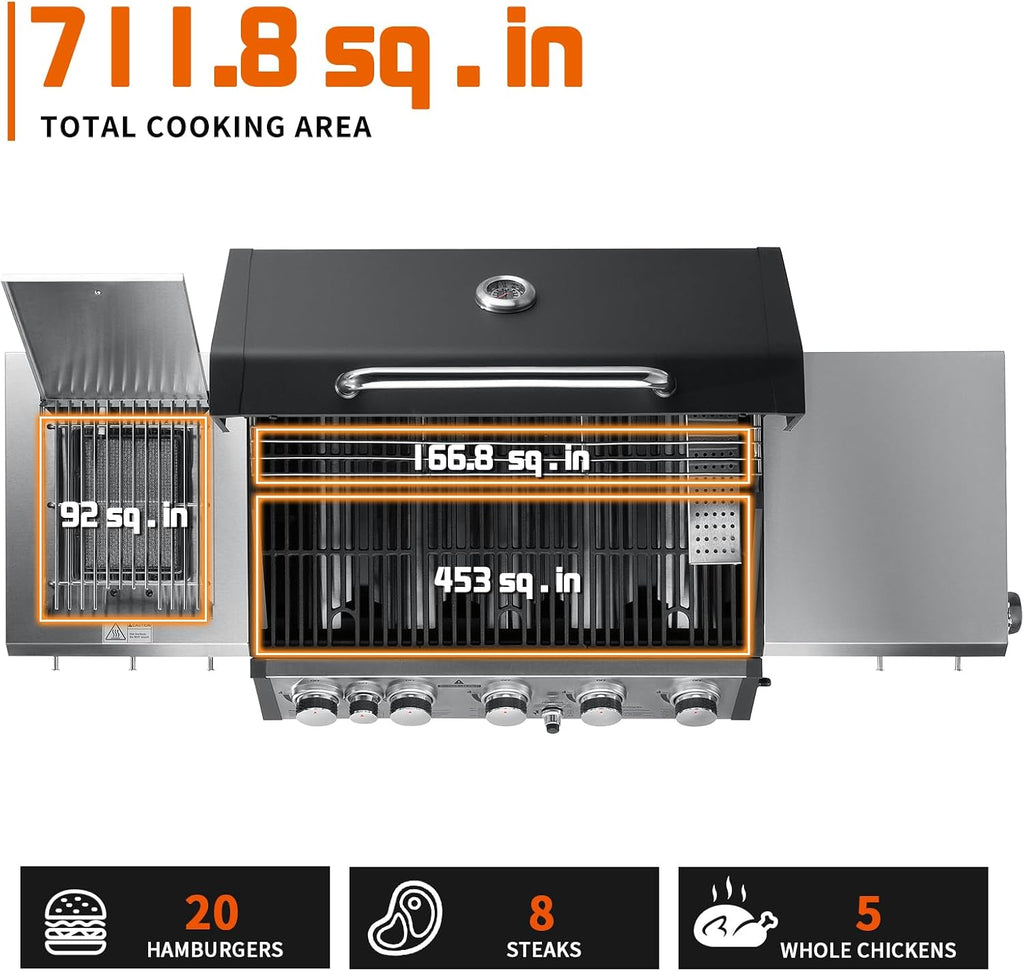 SKOK 5 Burner BBQ Grill with Infrared Side and Rear Burners, Gas Grill with Cast Iron Grates, Outdoor Barbecue Grill 72,000 BTU Output