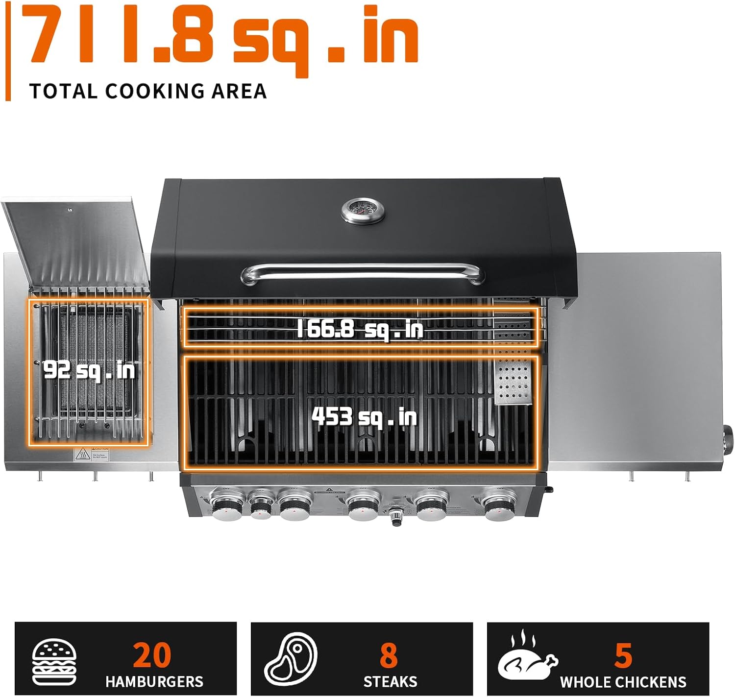 SKOK 5 Burner BBQ Grill with Infrared Side and Rear Burners, Gas Grill with Cast Iron Grates, Outdoor Barbecue Grill 72,000 BTU Output