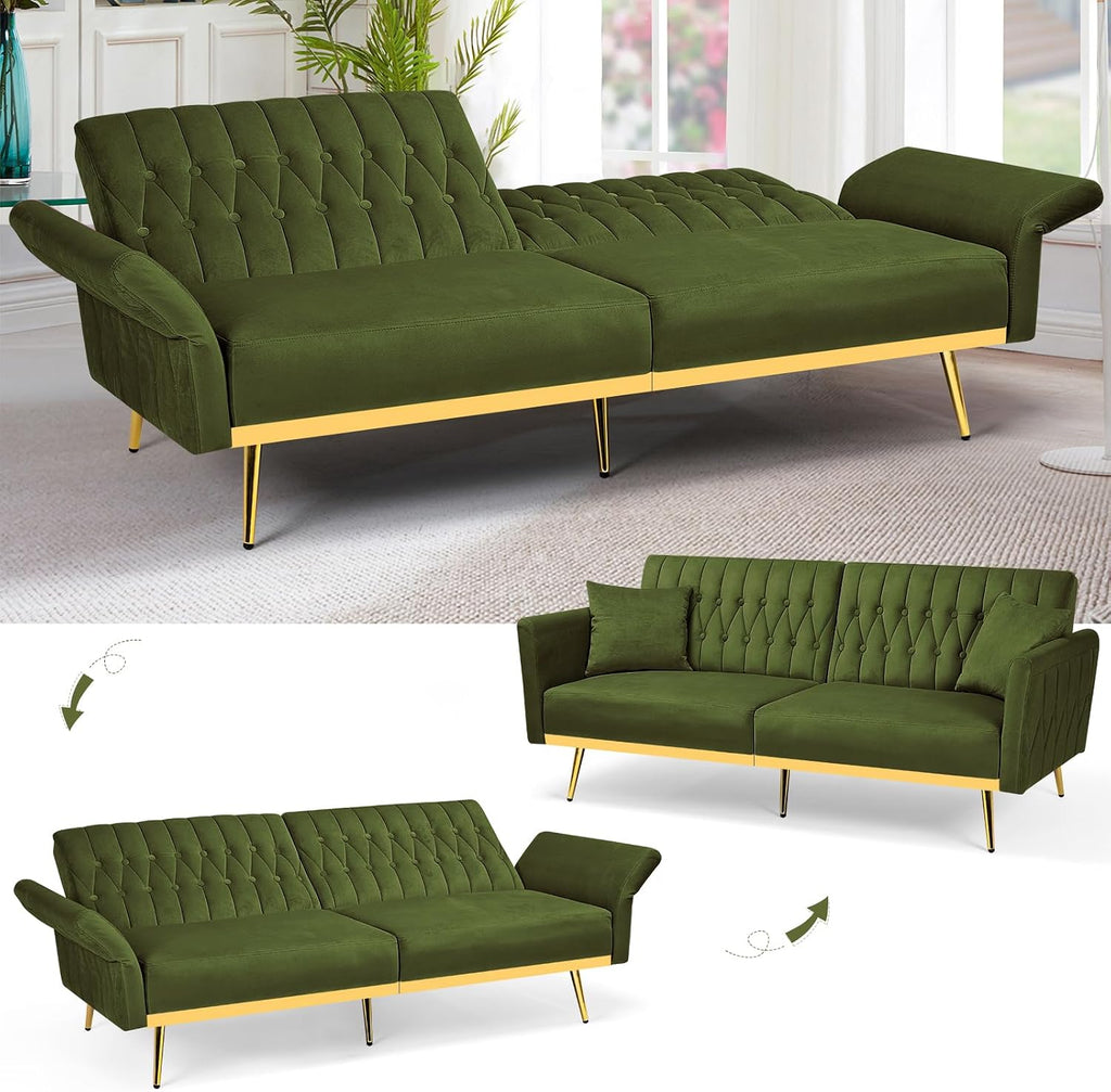 70' Velvet Futon Sofa Bed w/Adjustable Armrests & 2 Pillows, Convertible Futon Couch w/Adjustable Backrests, Modern Sleeper Bed for Living Room, Bedroom, Olive Green