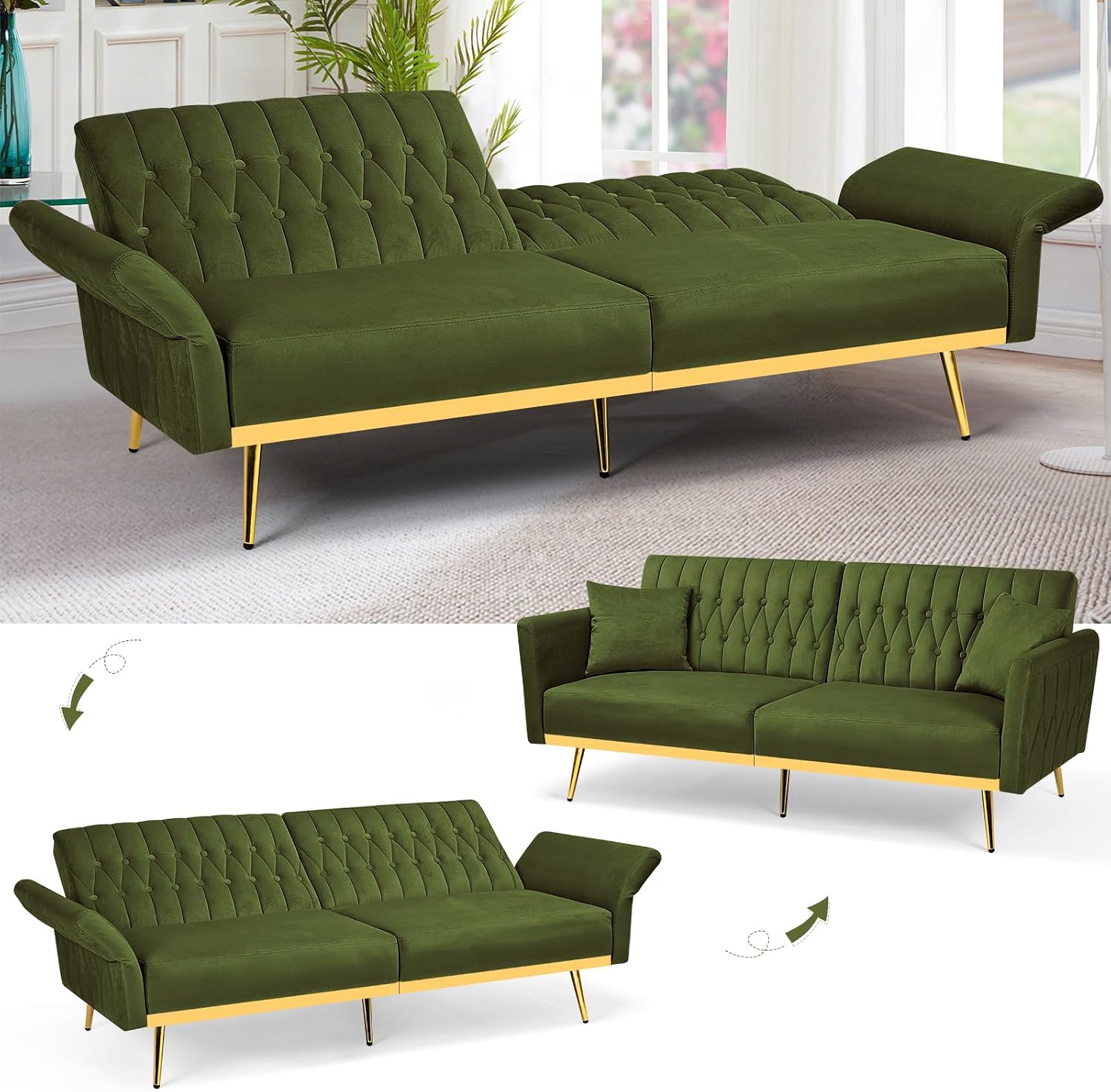 70' Velvet Futon Sofa Bed w/Adjustable Armrests & 2 Pillows, Convertible Futon Couch w/Adjustable Backrests, Modern Sleeper Bed for Living Room, Bedroom, Olive Green