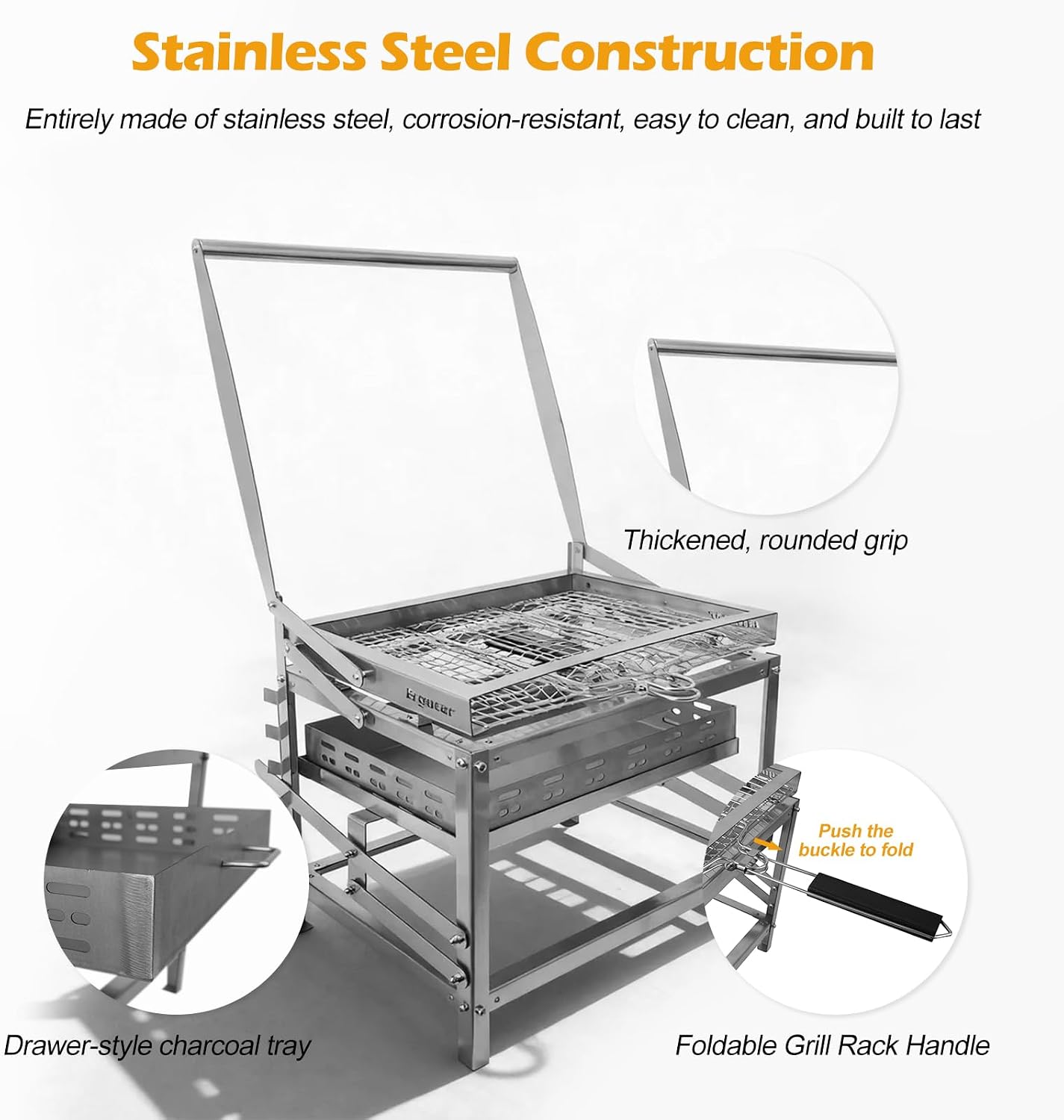 Ergocar Charcoal Grill Outdoor Multi-Function Portable Rotatable Adjustable Height 4-Tier Charcoal Tray Ideal For Outdoor Smoking, Picnics, Camping Barbecues