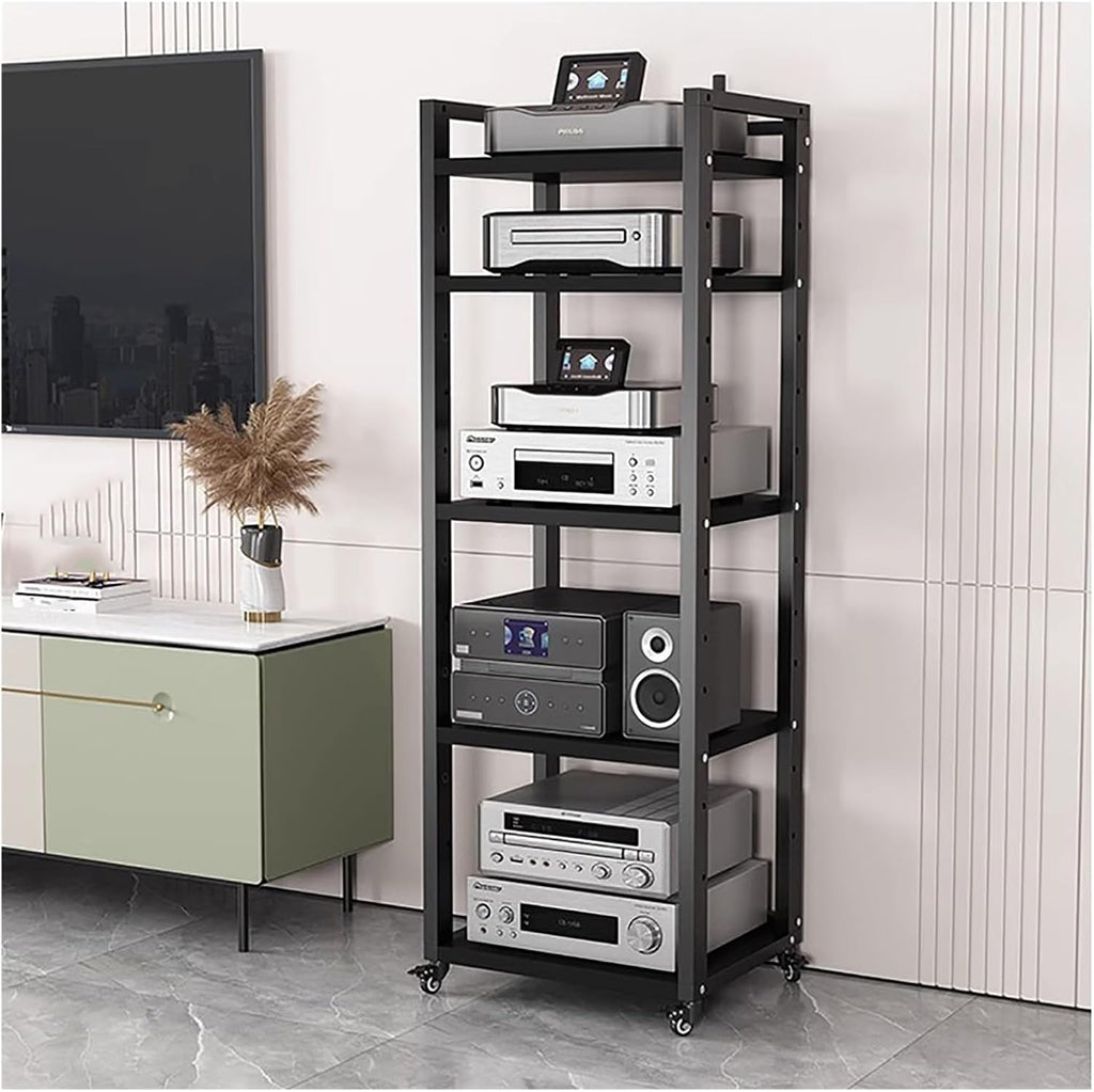 Portable Audio Equipment Rolling Cart Rack 20 24 Inch Wide, Heavy Duty Av Media Shelf for Bedroom Living Room - 5 6 7 8 Large Tier Stereo Cabinet Holder Wood(5 tier-H161cm-W50cm)