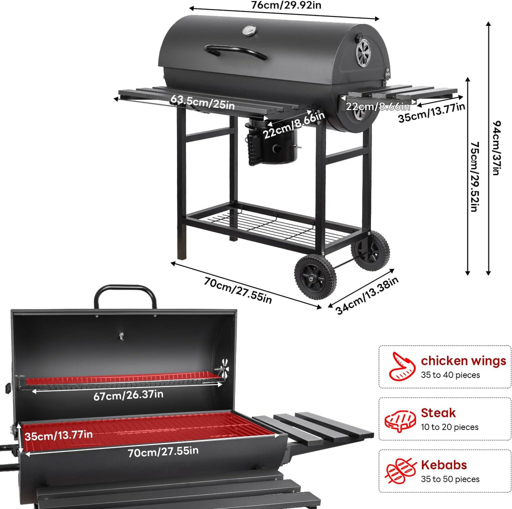 Charcoal Grill Barrel: Charcoal Grill with Rack - Outdoor BBQ Grill for Camping, Picnic, Courtyard, Party (Large)
