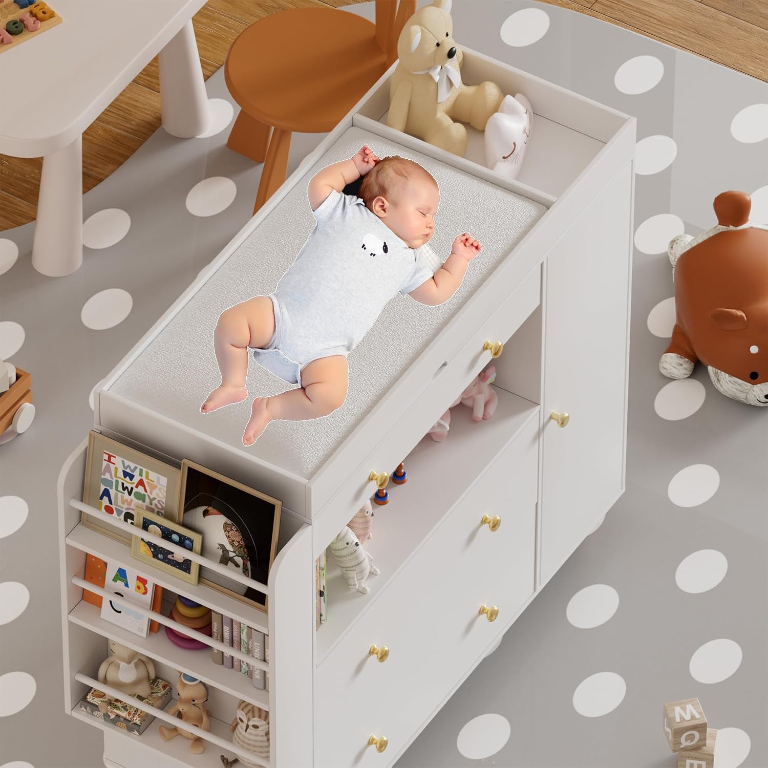 FURNJOYLIFE Nursery Dresser with Baby Changing Table, Modern Diaper Changing Station,Dresser for Nursery with 3 Drawers & Shelves, Storage Crib with Changing Table, White