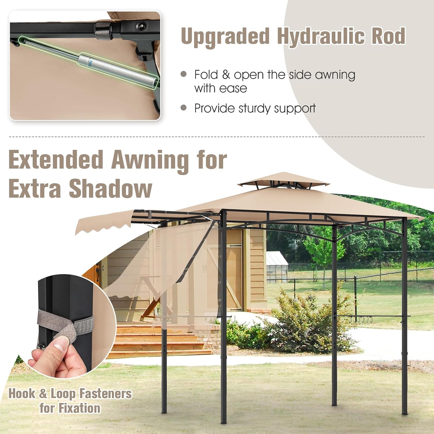Tangkula 11x5 FT Grill Gazebo with Side Awning, 2-Tier Barbecue Gazebo with 2 Shelves, 12 Hanging Hooks, Bottle Opener, Outdoor Grill Canopy for Backyard Garden Poolside (Beige)