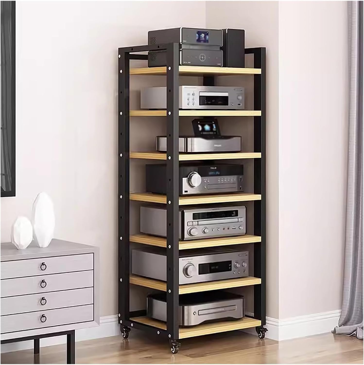 7 Tier 55 Inch Tall Audio Equipment Rack Rolling Cart Large Stereo Cabinets Turntable Record Player Shelf AV Media Tower With Storage Office Home Bedroom Living Room Beige