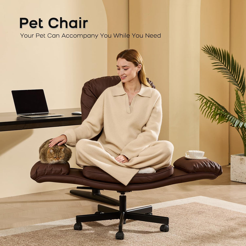 amseatec Criss Cross Chair with Armrests & Wheels for Cross-Legged Sitting, Comfortable Adjustable Swivel Office Desk Chair –PU Leather Vanity Chair for Home, Makeup and Bedroom (Brown)