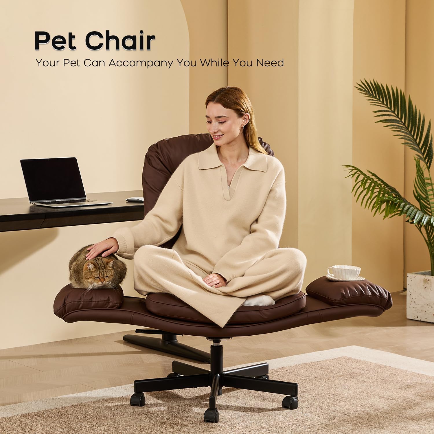 amseatec Criss Cross Chair with Armrests & Wheels for Cross-Legged Sitting, Comfortable Adjustable Swivel Office Desk Chair –PU Leather Vanity Chair for Home, Makeup and Bedroom (Brown)
