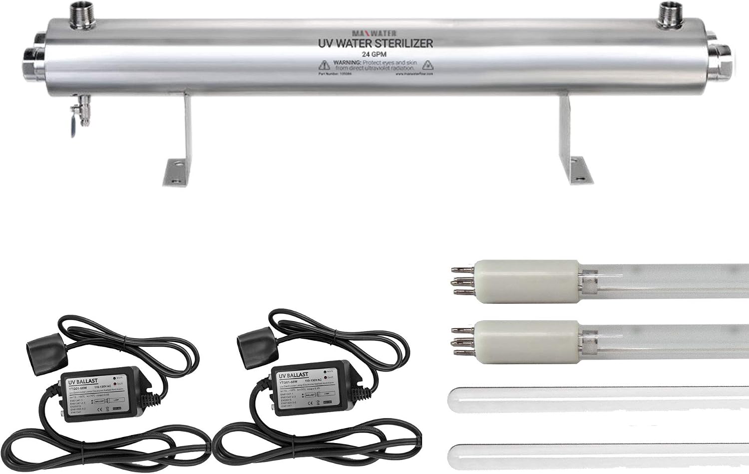 Max Water UV 110W (24GPM), Lamp Shelf Support, UV (T5), Input Voltage 110V, 1' Inlet/Outlet, Light and Audio Alarm Ballast