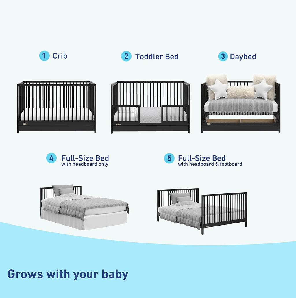 Graco Teddi 5-in-1 Convertible Crib with Drawer – GREENGUARD Gold Certified, Full-Size Nursery Storage Drawer, Baby Crib Converts to Toddler Bed, Daybed and Full-Size Bed (Black)