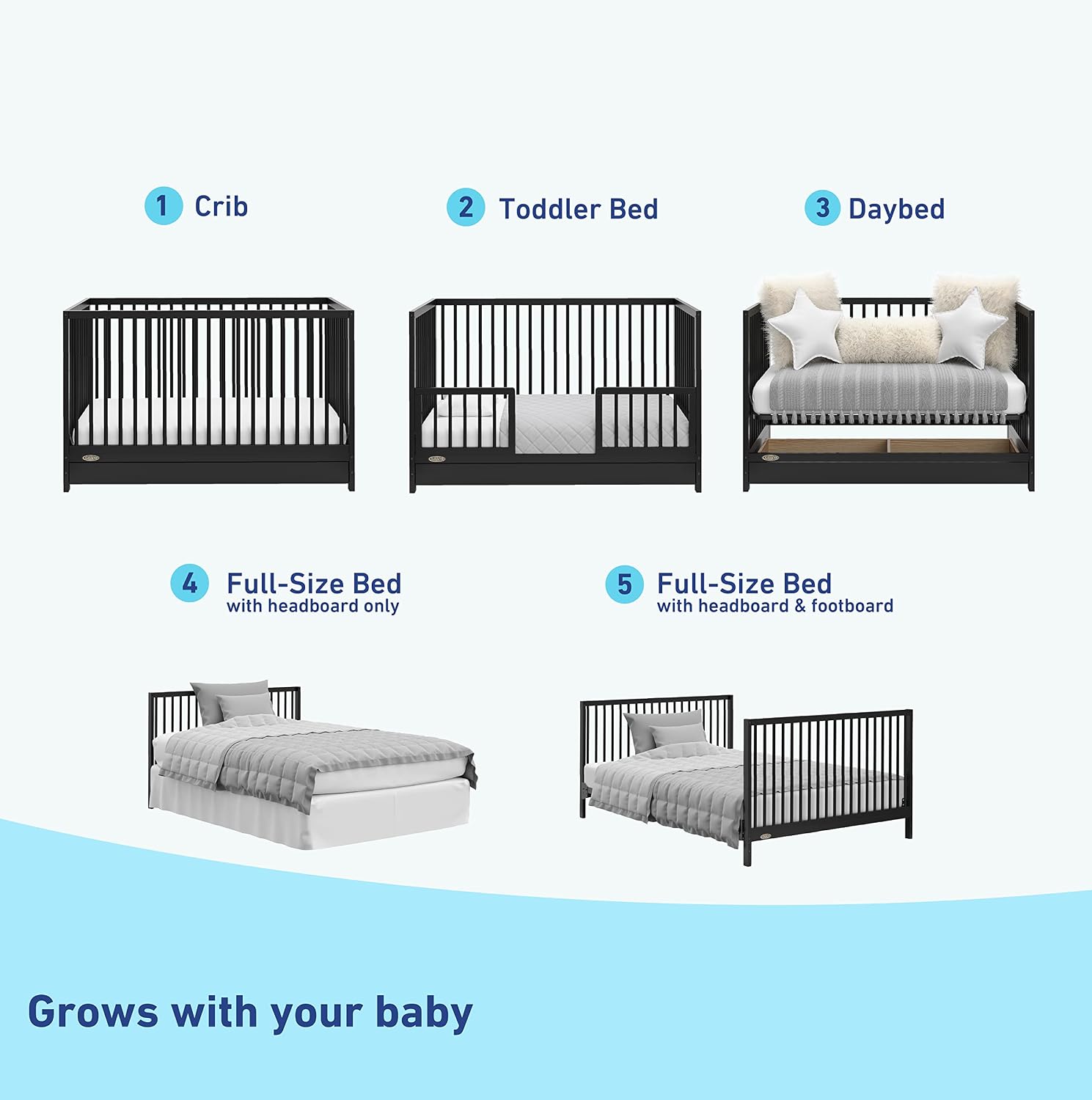 Graco Teddi 5-in-1 Convertible Crib with Drawer – GREENGUARD Gold Certified, Full-Size Nursery Storage Drawer, Baby Crib Converts to Toddler Bed, Daybed and Full-Size Bed (Black)
