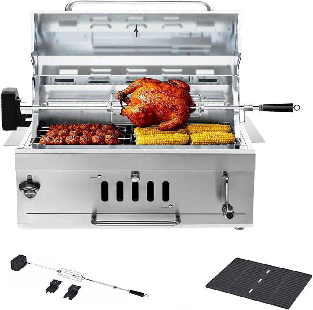 28In Built in BBQ Grills, Large Outside Charcoal Grill with BBQ Fork Kit Liftable Tray & Thermometer, Silver Stainless Steel Barbecue Grill for Outdoor Kitchen Cooking Patio Camping Park