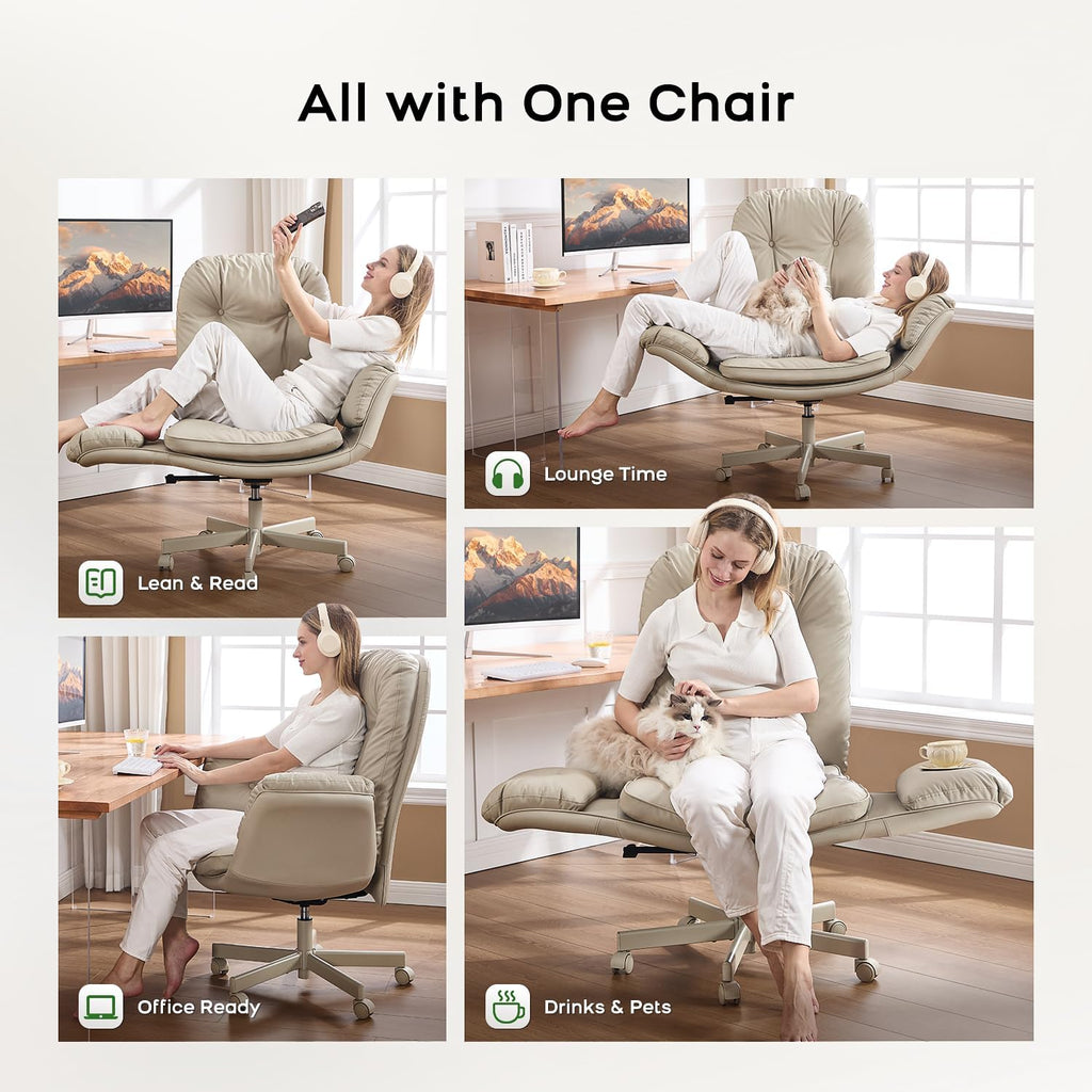 amseatec Criss Cross Chair with Armrests & Wheels for Cross-Legged Sitting, Comfortable Adjustable Swivel Office Desk Chair –PU Leather Vanity Chair for Home, Makeup and Bedroom (Cream)