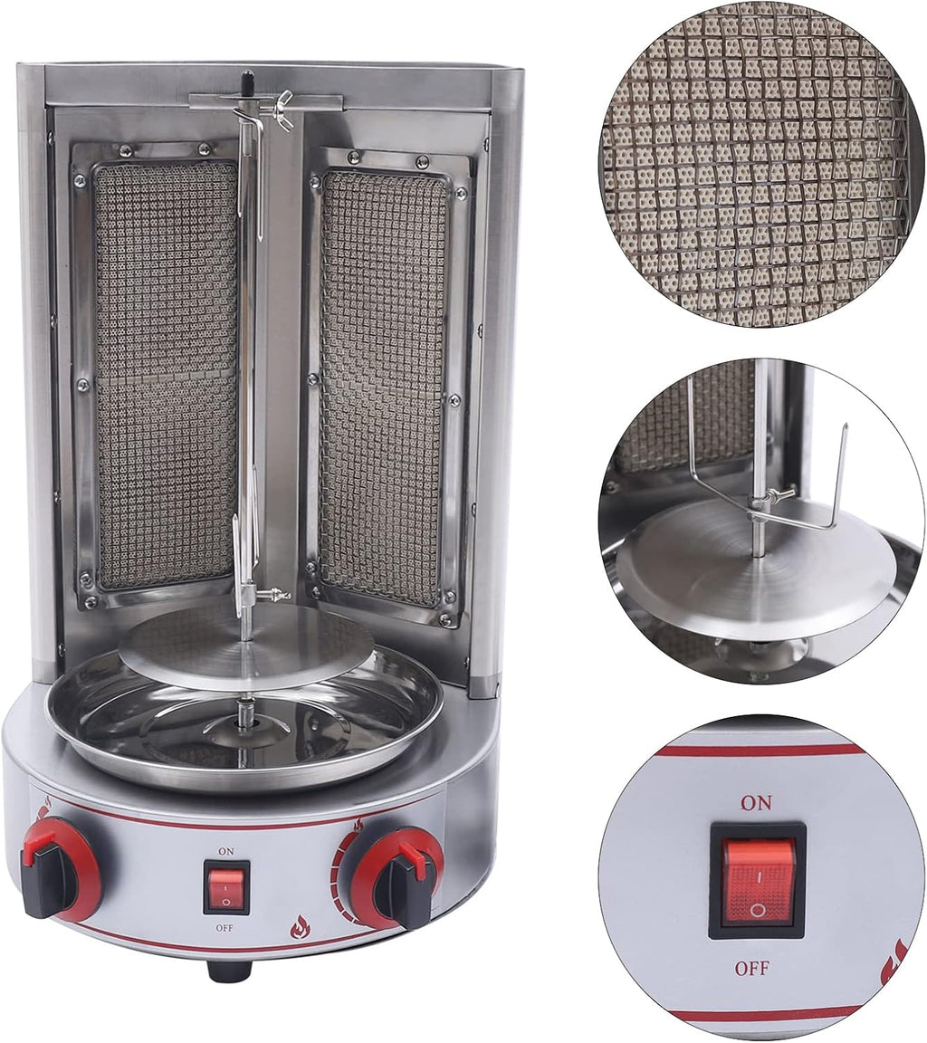 Commercial Rotating Gas Doner Kebab Grill, 3000W 110V Heavy Duty Stainless Steel LPG Grill Spinning Broiler Machine with 2 Burners & Independent Temperature Control Knob for Roast Meat, Roast Duck