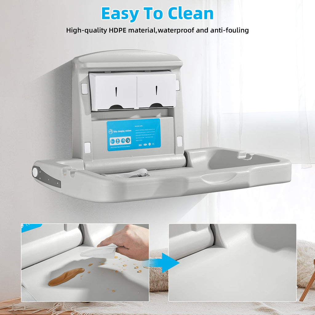 Horizontal Baby Changing Station, Wall Mounted HDPE Fold-Down Diaper Changing Table for Commercial Bathrooms, Daycare, Restaurants & Hotels, Safety Strap, 2 Liner Dispensers, White Granite