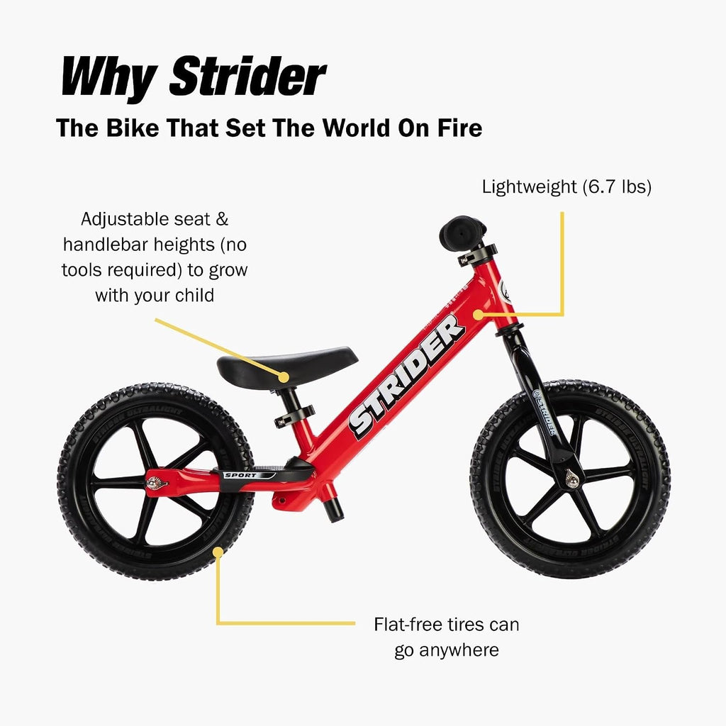 Strider 12' Sport Bike - No Pedal Balance Bicycle for Kids 1 to 4 Years - Includes Safety Pad, Padded Seat, Mini Grips & Flat-Free Tires - Tool-Free Assembly & Adjustments