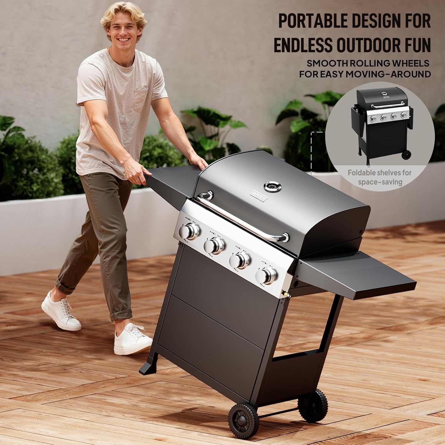 ROVSUN 4 Burner Propane Gas Grill with Foldable Side Shelves, 40000BTU BBQ Grills with Enameled Cast Iron Grates, Cabinet & Poratable Rolling Wheels for Outdoor Garden Patio Backyard Barbecue Cooking