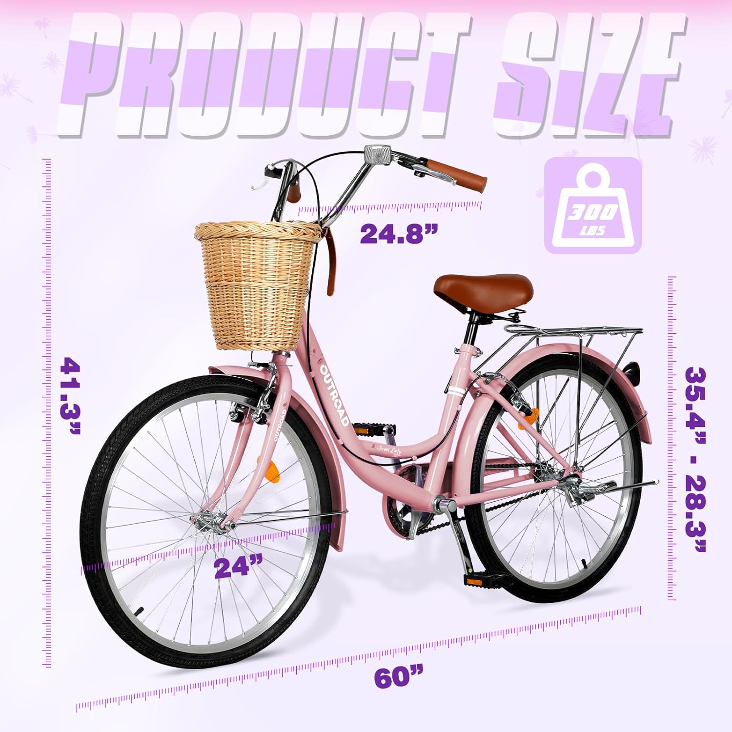 Max4out Women Bike Beach Cruiser Bike for Adult, 24 & 26 Inch Comfort Bikes with Rattan Front Basket, Womens Bicycle with Adjustable Seat and Dual V-Brake (Pink & White & Green & Purple & Black)