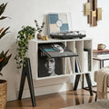 Record Player Stand with Vinyl Storage, 32' Turntable Stand with Flip-Up Album Display, Mid Century Modern White Vinyl Record Storage Cabinet, Audio Media Console Table with V-Shape Legs