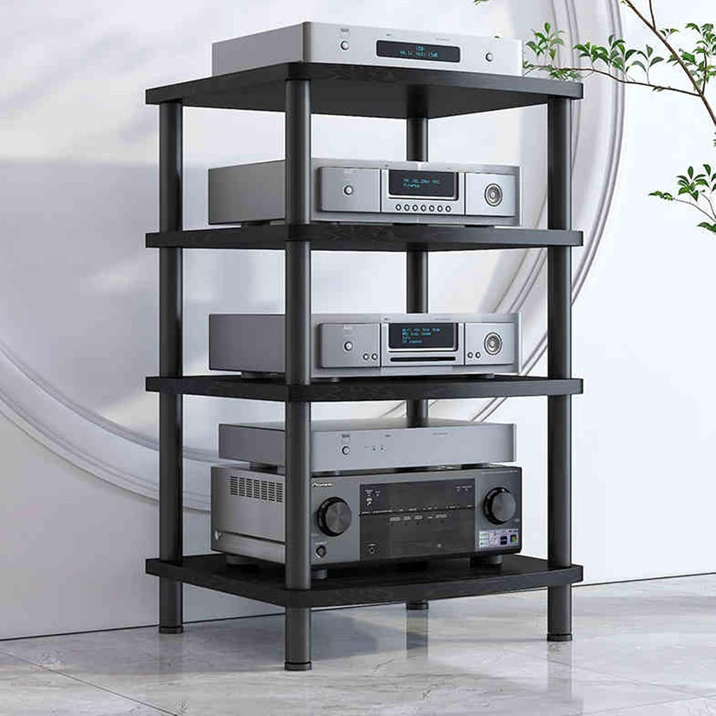 4-Tier Wooden Media Stand, Entertainment Cabinet for TV & Gaming Consoles, Stereo Rack & AV Component Storage, Stylish Black Design, Space-Saving Audio Rack