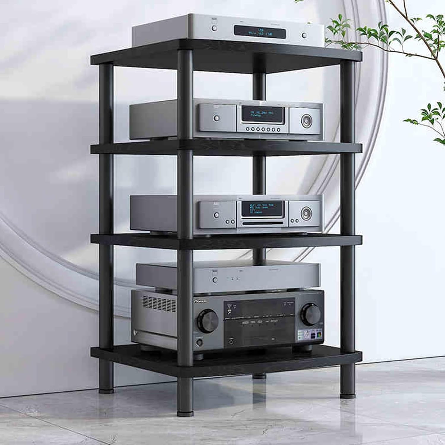 4-Tier Wooden Media Stand, Entertainment Cabinet for TV & Gaming Consoles, Stereo Rack & AV Component Storage, Stylish Black Design, Space-Saving Audio Rack