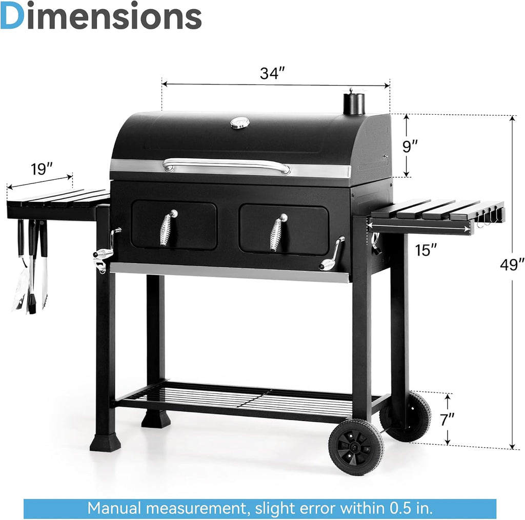 34-Inch Barrel Charcoal Grill with Side Tables, 794 Square Inches Cooking Space, Large Charcoal BBQ Grill with 2 Height-Adjustable Charcoal Pans for Outdoor Backyard Patio Picnic Parties Camping