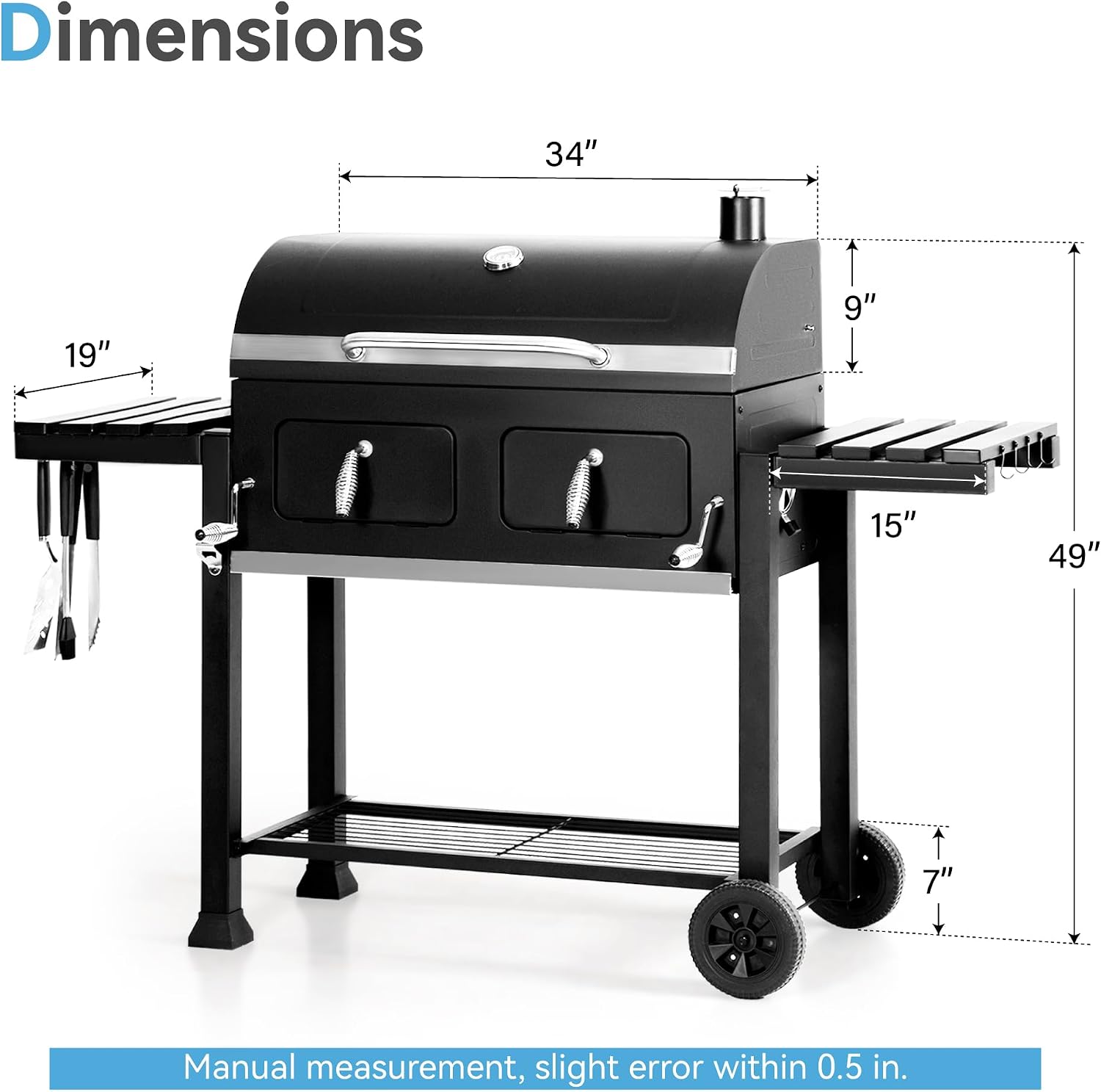 34-Inch Barrel Charcoal Grill with Side Tables, 794 Square Inches Cooking Space, Large Charcoal BBQ Grill with 2 Height-Adjustable Charcoal Pans for Outdoor Backyard Patio Picnic Parties Camping