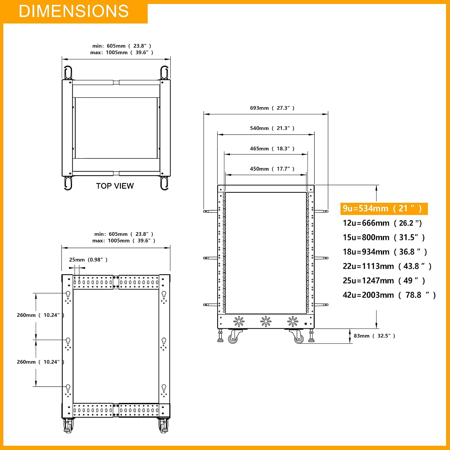 RIVECO 9U 19' Adjustable Depth Server Rack Support Up to 1700LBS Floor Standing 4 Post Rack with Load-Bearing Casters Universal for Network Equipment Black